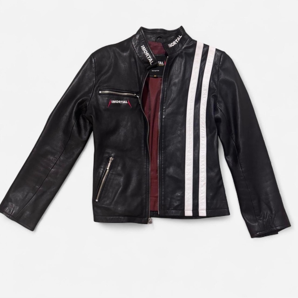 Imortal Black Leather Jacket with White Stripes